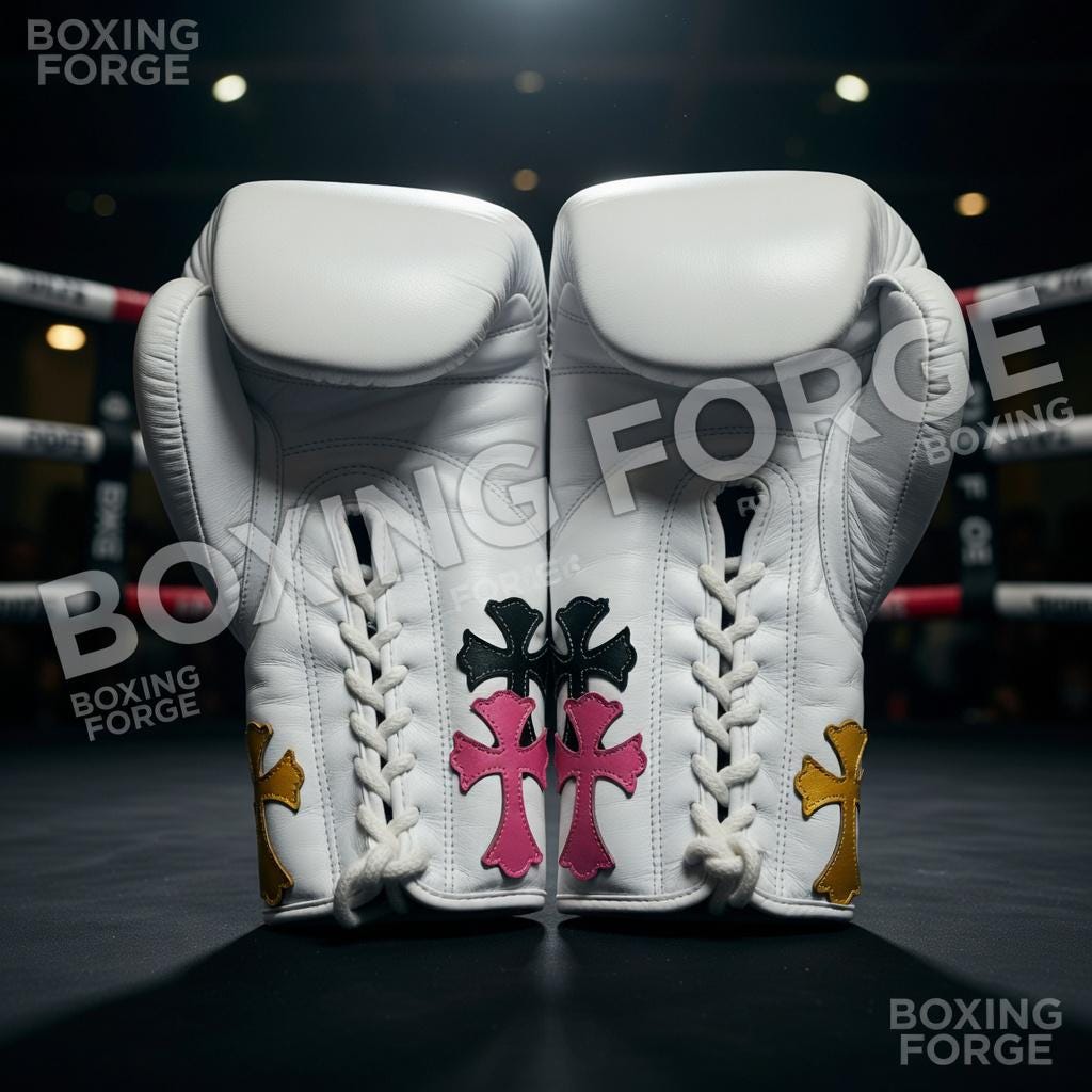 Luxury White Custom Boxing Gloves – Multicolor Cross Design – Premium Leather Fight Gloves – Unique Training & Sparring Gear
