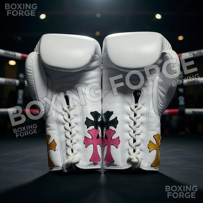 Luxury White Custom Boxing Gloves – Multicolor Cross Design – Premium Leather Fight Gloves – Unique Training & Sparring Gear