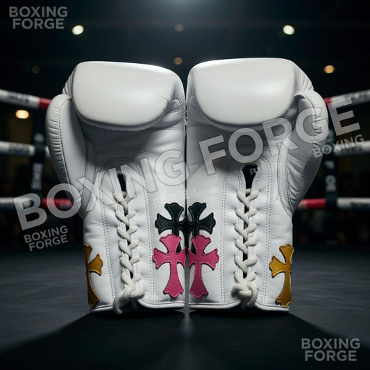 Luxury White Custom Boxing Gloves – Multicolor Cross Design – Premium Leather Fight Gloves – Unique Training & Sparring Gear