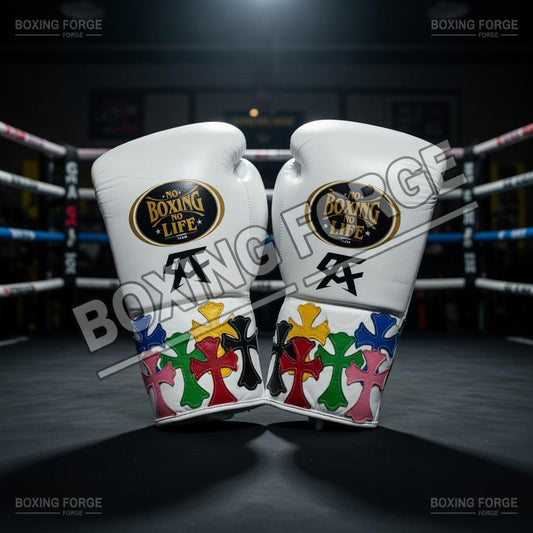 Luxury White Custom Boxing Gloves – Multicolor Cross Design – Premium Leather Fight Gloves – Unique Training & Sparring Gear