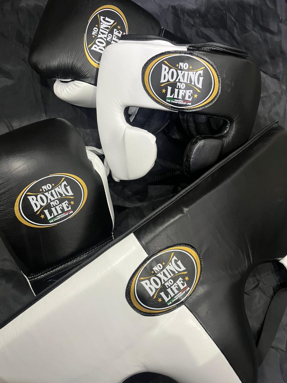 No Boxing No Life Complete Boxing Set – Gloves, Head Guard & Body Protector | Black & White