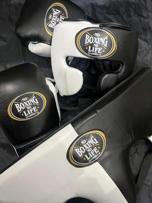 No Boxing No Life Complete Boxing Set – Gloves, Head Guard & Body Protector | Black & White