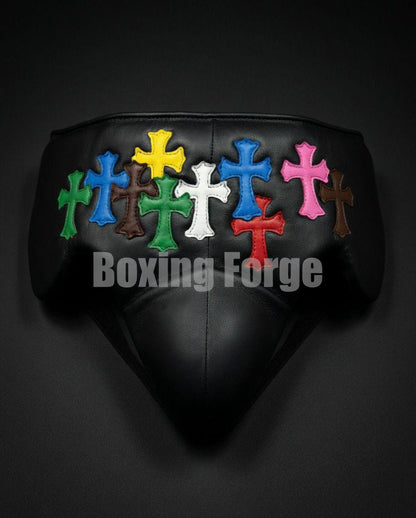 Custom Boxing set with Colorful Cross Design – Handmade Leather Gloves – Unique Christian Boxing Gear Made in Cow Hide Leather.
