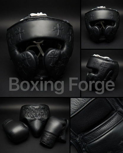 Black cow hide Leather Boxing Headgear & Gloves Set – MMA Sparring Gear, Handcrafted Boxing Forge Training Kit with free shipping and name
