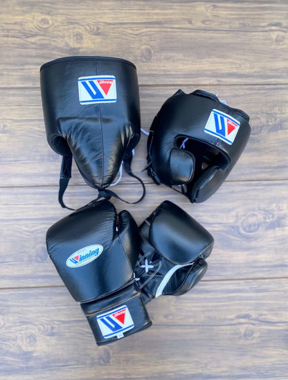 Winning Black Boxing Set – Premium Boxing Gloves, Headgear & Training Equipment