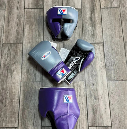 Winning Style Grey & Purple Boxing Set | Lace-Up Gloves, Headgear & Groin Guard
