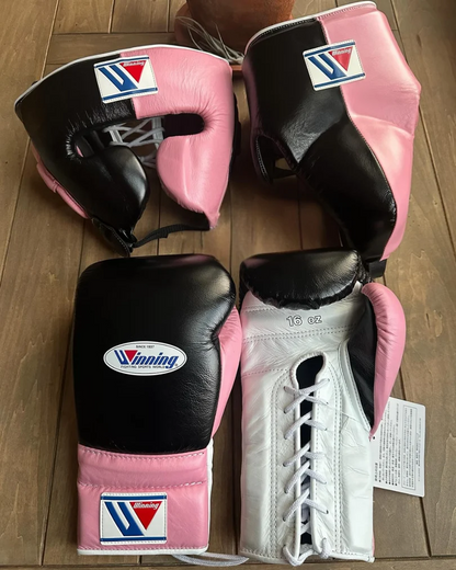 Winning Style Black & Pink Boxing Set | Lace-Up Gloves, Headgear & Groin Guard