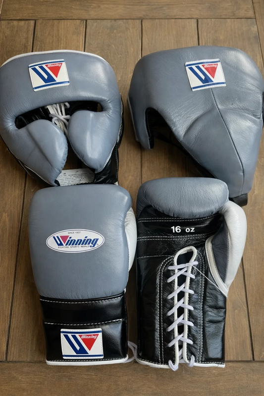 Winning Boxing Set Grey/Black – Lace-Up Gloves, Headgear & Groin Protector