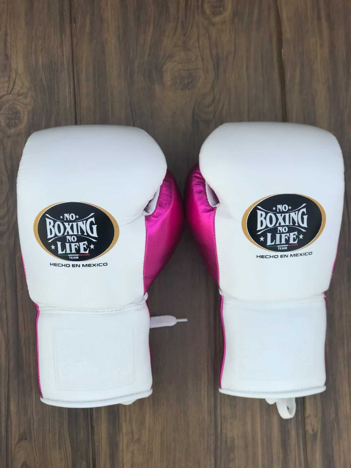 No Boxing No Life (NBNL) Premium Leather Boxing Gloves – White & Pink | Professional Training & Sparring Gloves