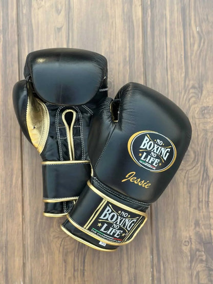 Custom Boxing Gloves Black & Gold – Add Your Name | Genuine Leather