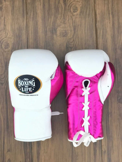 No Boxing No Life (NBNL) Premium Leather Boxing Gloves – White & Pink | Professional Training & Sparring Gloves