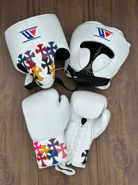 Winning Style Chrome heart Boxing Set | Lace-Up Gloves, Headgear & Groin Guard