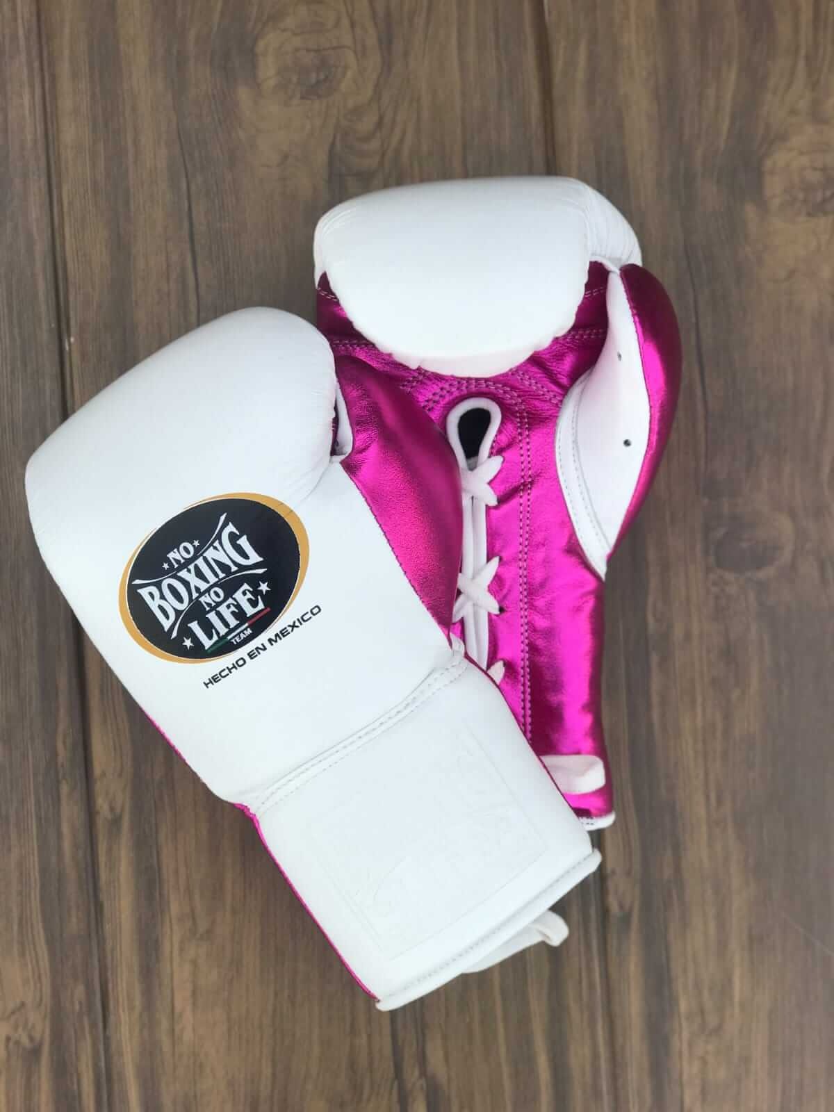 No Boxing No Life (NBNL) Premium Leather Boxing Gloves – White & Pink | Professional Training & Sparring Gloves