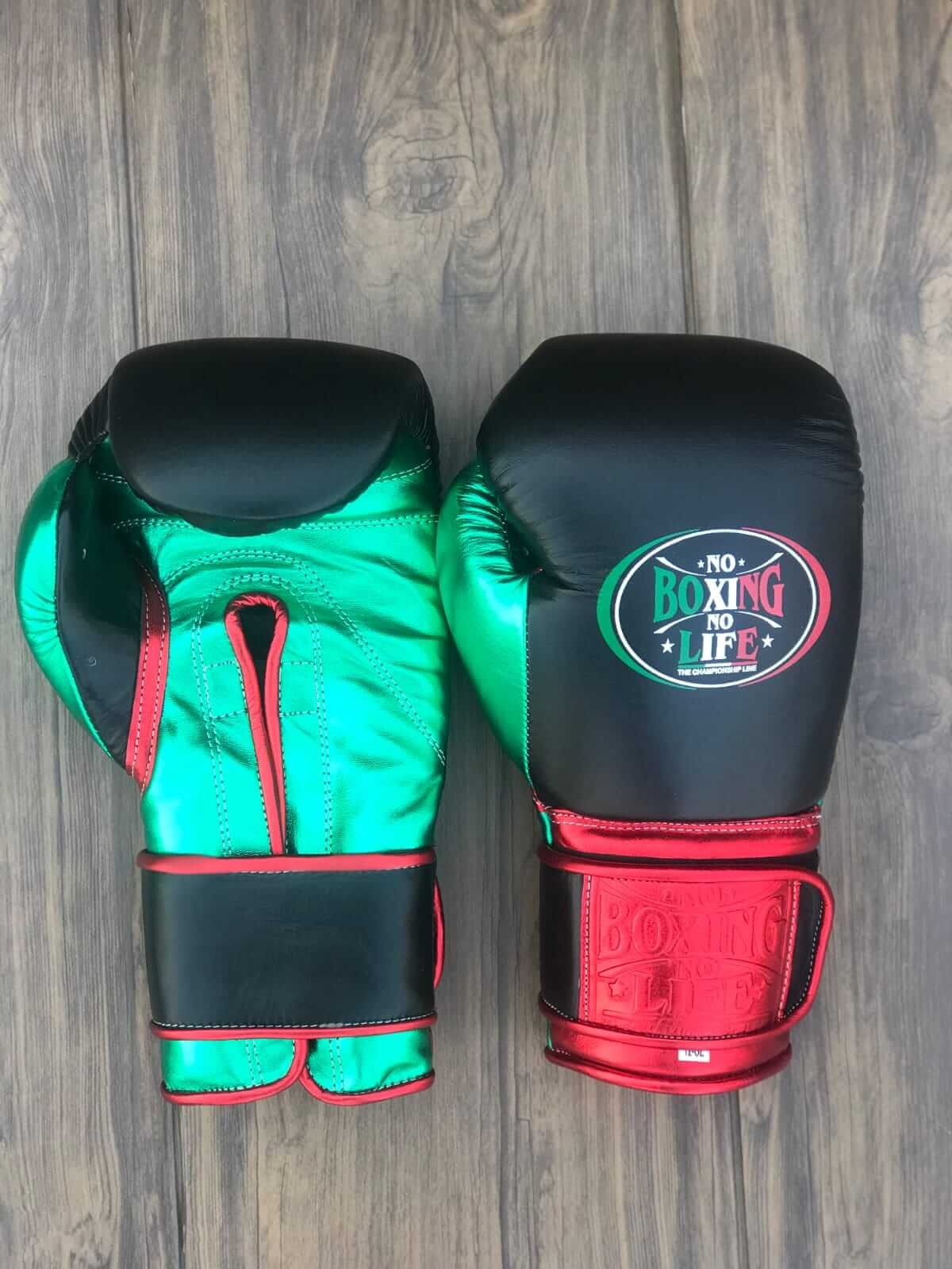 Black Green Red Metallic Boxing Gloves – Premium Leather Training Gloves