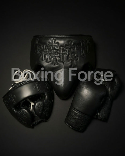 Boxing Forge Cross Series Boxing Set | Leather Gloves Headgear Groin Guard | Training & Sparring Kit